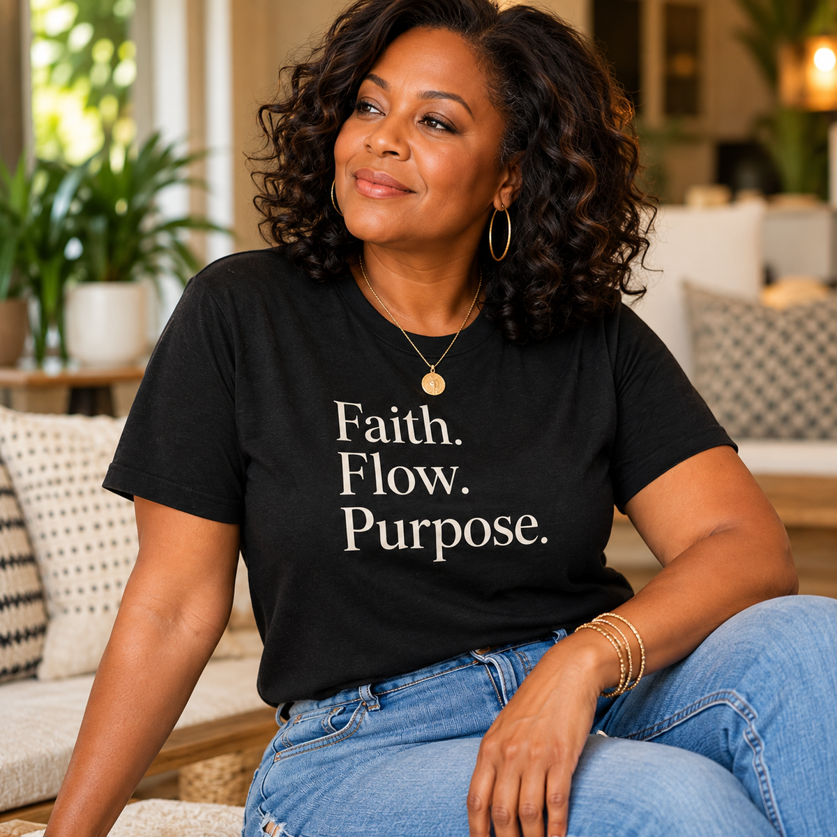 Woman wearing black Faith. Flow. Purpose. tee